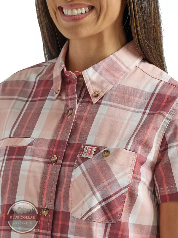 Wrangler 112325691 Riggs Workwear Short Sleeve Foreman Button Down Shirt in Pink Berry Plaid Front Detail
