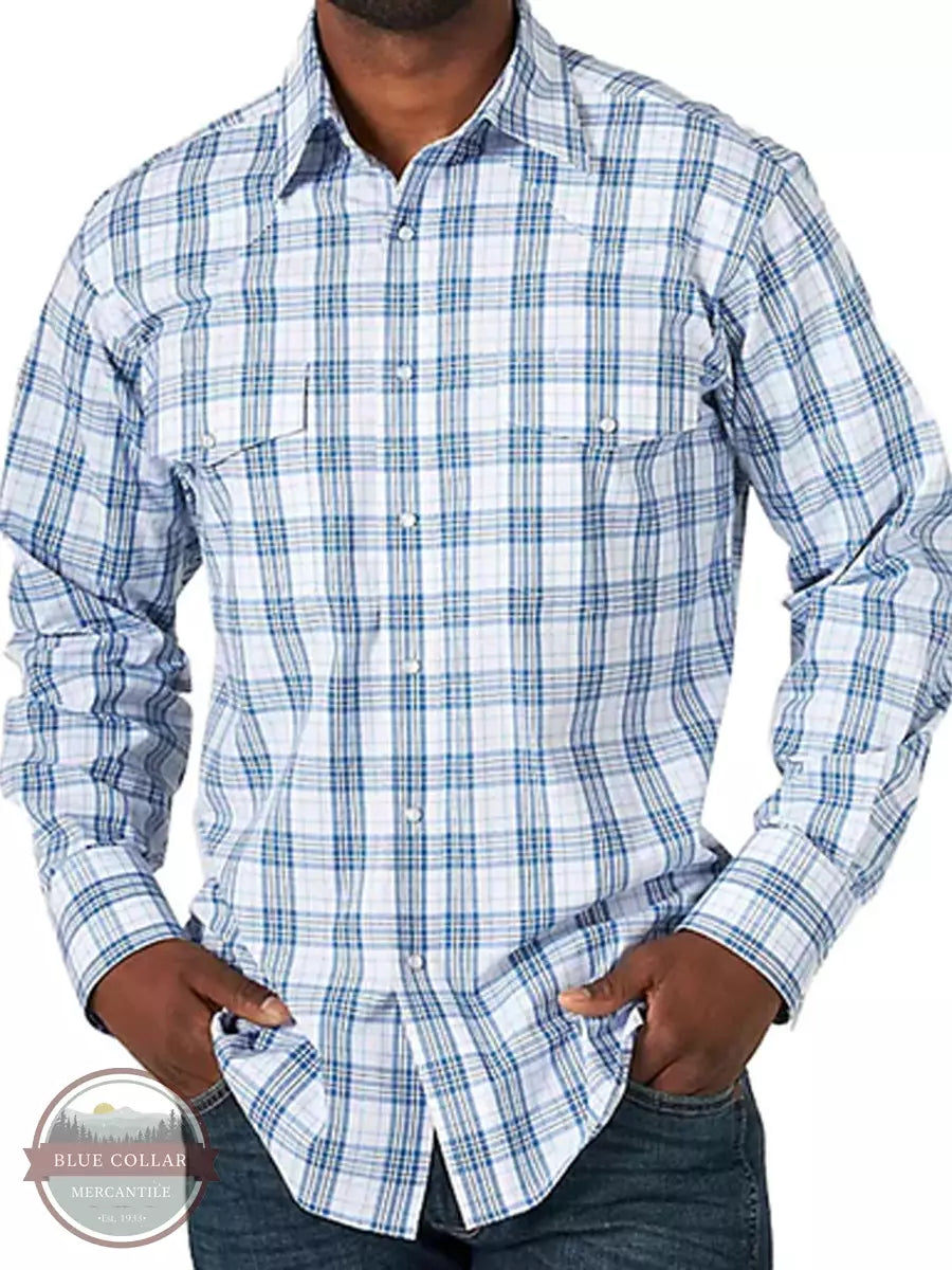 Wrangler 112326178 Performance Long Sleeve Shirt in Blue Plaid Front View