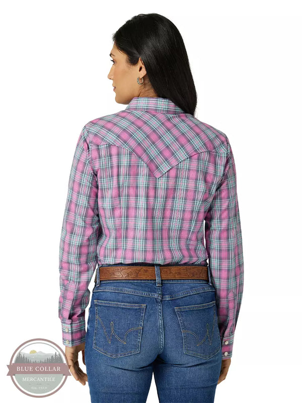 Wrangler 112327221 Essential Long Sleeve Western Snap Shirt in Pink and Teal Plaid Back View