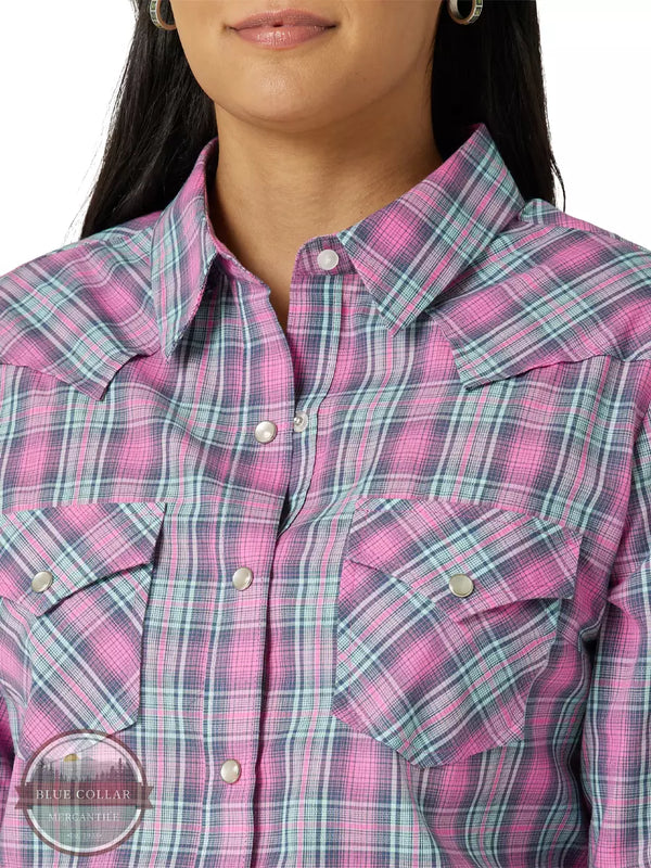 Wrangler 112327221 Essential Long Sleeve Western Snap Shirt in Pink and Teal Plaid Front Detail