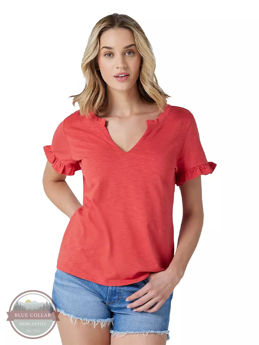Wrangler 112327273 Ruddle Accent Sleeve Tee in Red Front View