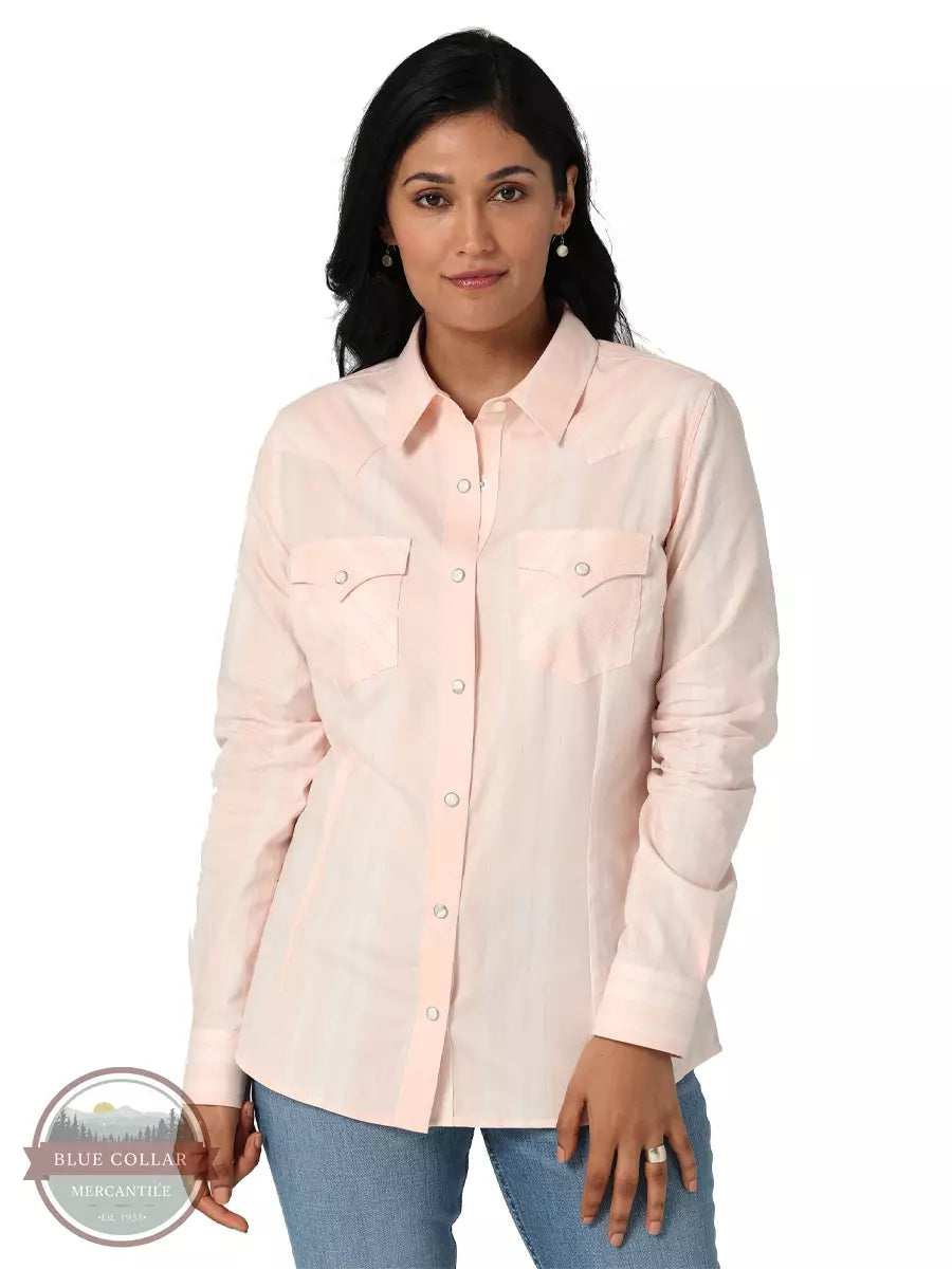 Wrangler 112329680 Retro Long Sleeve Western Snap Shirt in Pink and White Stripes  Front View