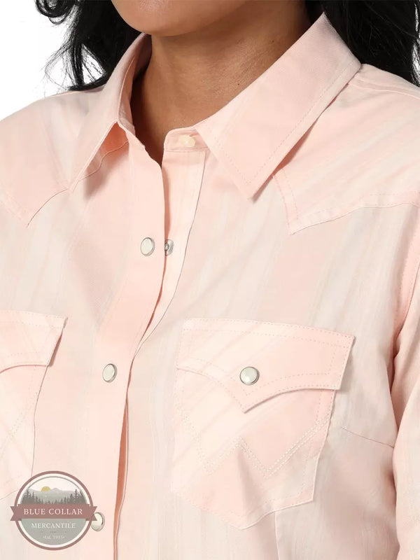 Wrangler 112329680 Retro Long Sleeve Western Snap Shirt in Pink and White Stripes  Detail View