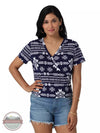 Wrangler 112329852 Retro Wrap Knit Short Sleeve Top in a Navy & White Pattern Front View