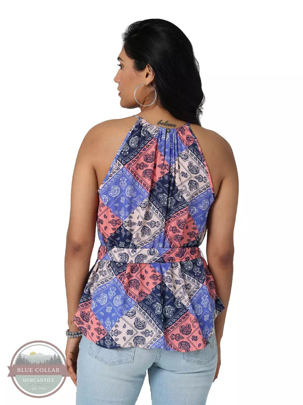 Wrangler 112329875 Retro Goddess Neck Sleeveless Tie Front Top in Blue & Pink Patchwork Back View