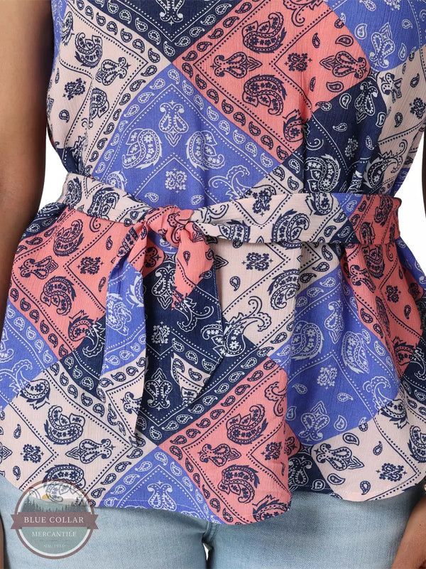 Wrangler 112329875 Retro Goddess Neck Sleeveless Tie Front Top in Blue & Pink Patchwork Waist Detail