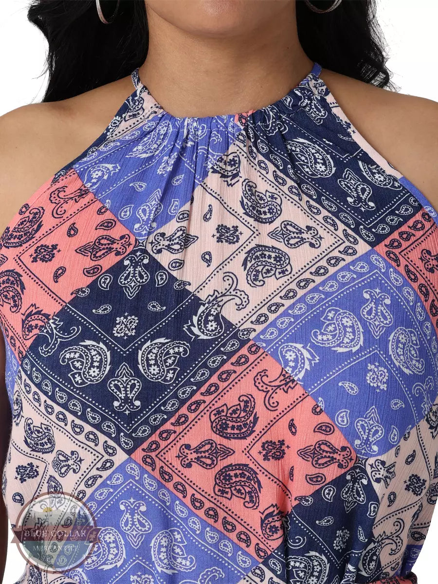 Wrangler 112329875 Retro Goddess Neck Sleeveless Tie Front Top in Blue & Pink Patchwork Front Detail