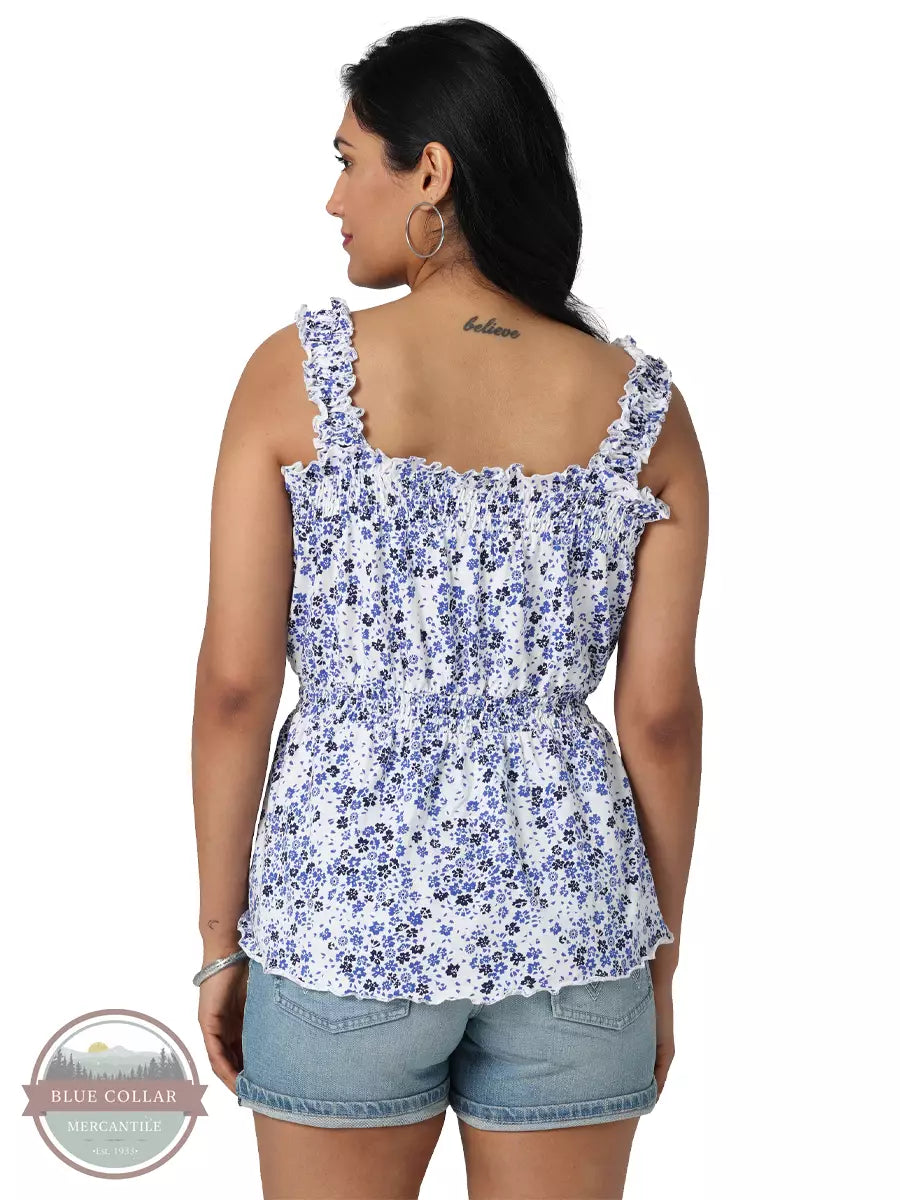 Wrangler 112329876 Retro Smocked Square Neck Knit Tank Top in a Blue and White Floral Print Back View