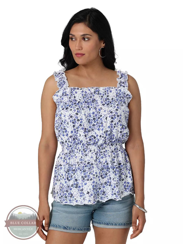 Wrangler 112329876 Retro Smocked Square Neck Knit Tank Top in a Blue and White Floral Print Front View