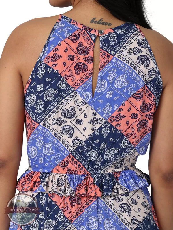 Wrangler 112329878 Retro Woven Goddess Neck Tiered Dress in Blue and Pink Patchwork Back Detail