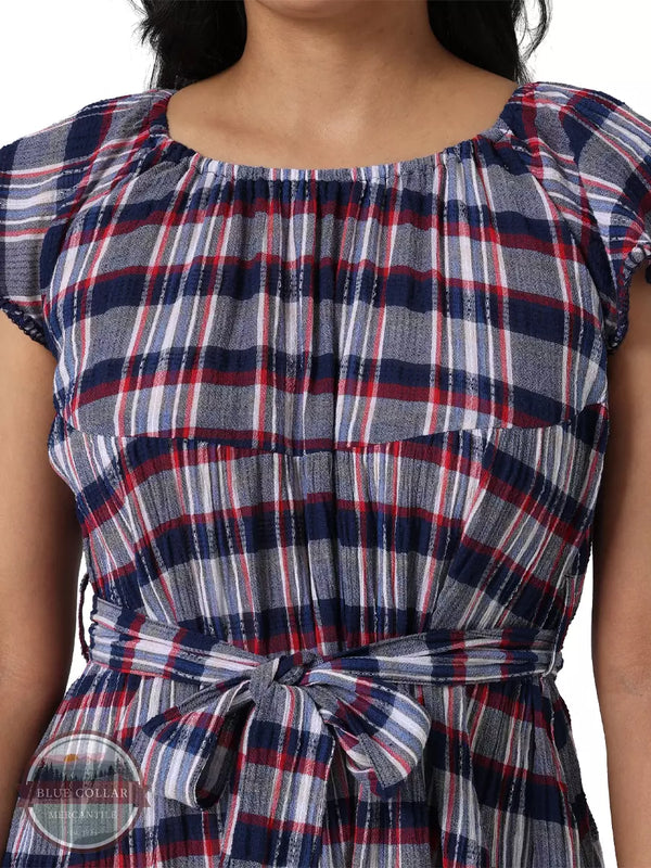 Wrangler 112329887 Retro Woven Tiered Flyaway Dress in Navy and Red Plaid Front Detail