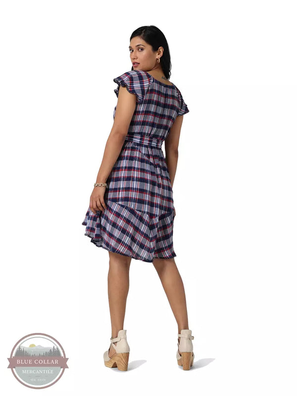 Wrangler 112329887 Retro Woven Tiered Flyaway Dress in Navy and Red Plaid Full Back View