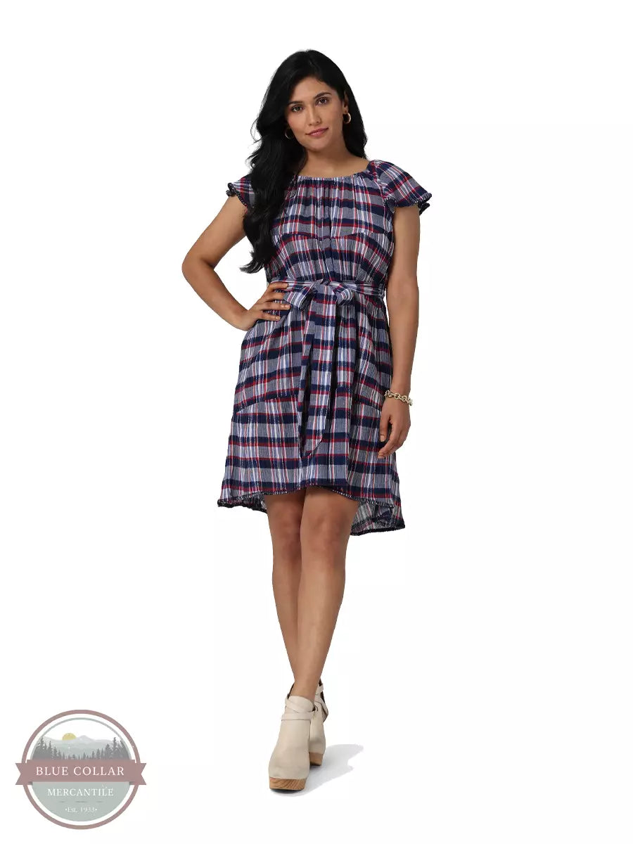 Wrangler 112329887 Retro Woven Tiered Flyaway Dress in Navy and Red Plaid Full Front View
