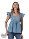 Wrangler 112330067 Retro Embroidered Square Neck Flutter Sleeve Top in Denim Front View