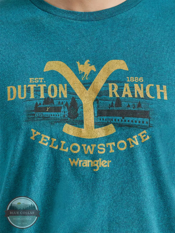 Wrangler 112342084 Yellowstone Dutton Ranch Short Sleeve T-Shirt in Cyan Pepper Front Detail