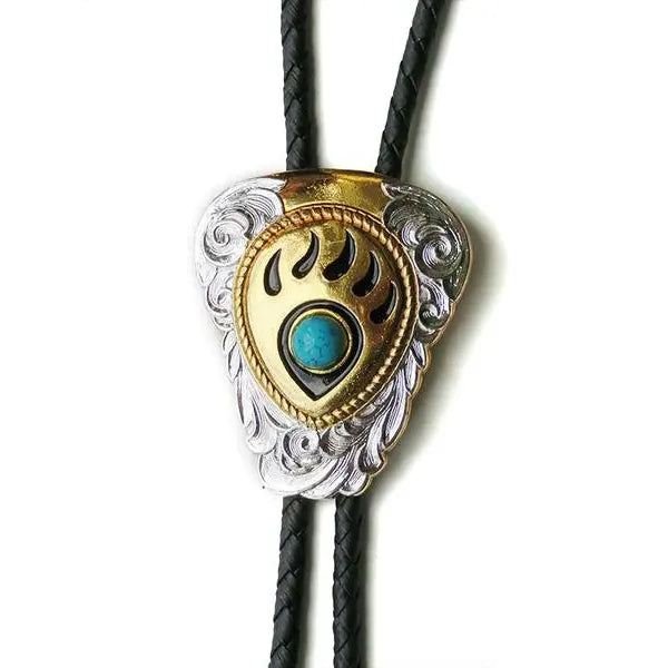 M&F 22281 Bear Paw Silver and Gold Bolo with Turquoise Stone close up