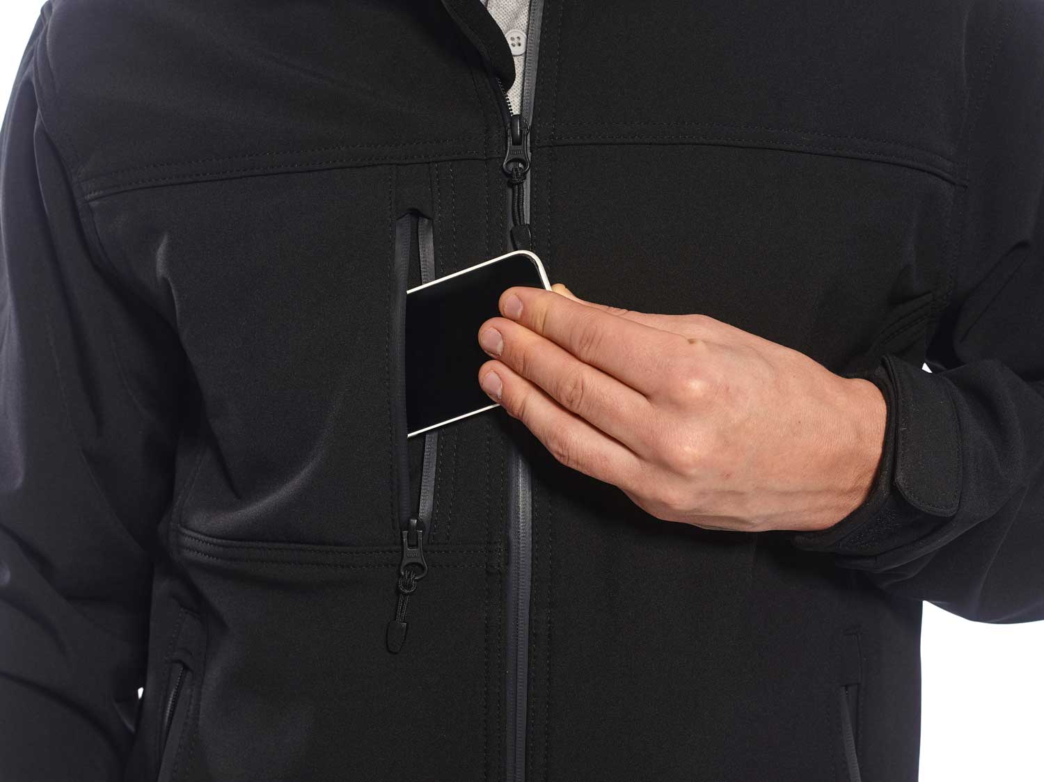 Portwest UTK50 Softshell Water Resistant Jacket BLack Detail phone pocket