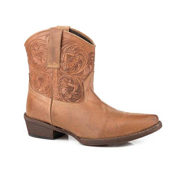 Roper 09-021-0980-2676 Tan Vamp Tooled Leather Shorty Boot Profile View